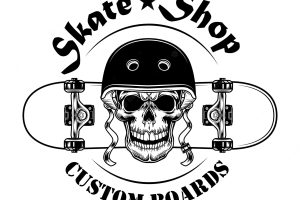 Skate shop label vector illustration. skull in helmet with skateboard and text
