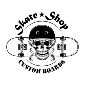 Skate shop label vector illustration. skull in helmet with skateboard and text
