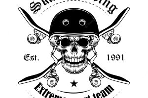 Skateboarder skull vector illustration. head of character with crossed skateboards and text