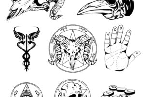 Sketch set of esoteric symbols and occult attributes