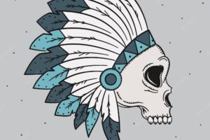 Skull background with hand drawn feathers