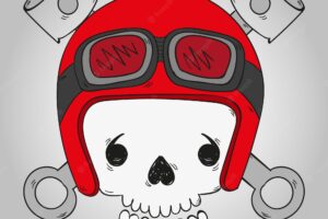 Skull background with red helmet and hand drawn glasses