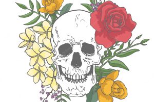 Skull background with roses and hand drawn leaves
