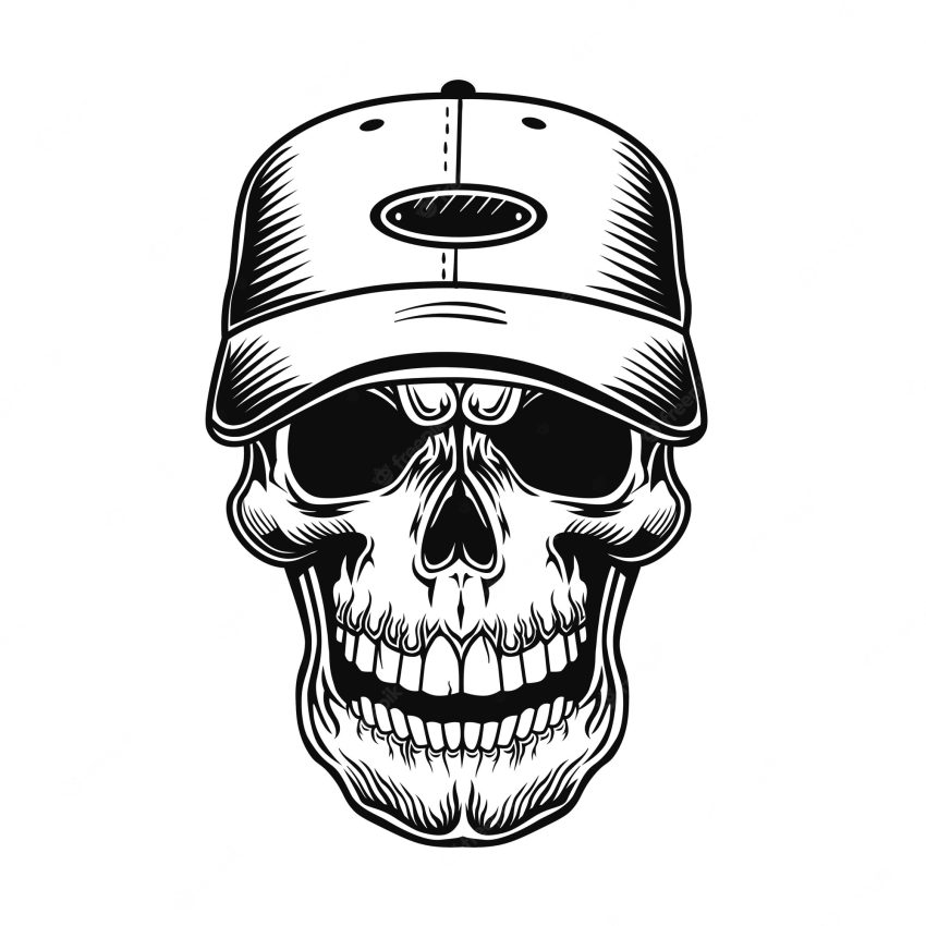 Skull of baseball player vector illustration. head of character in cap