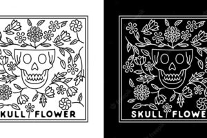 Skull flower monoline badge design