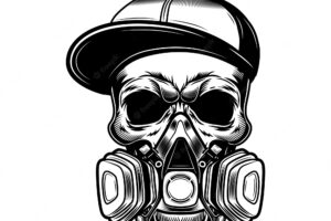 Skull of graffiti artist vector illustration. head of skeleton in gangster cap and respirator. street art concept