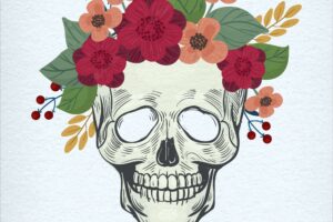 Skull hand drawn with pretty flowers