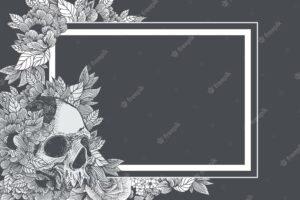 Skull jand drawn with ornament and copy space template