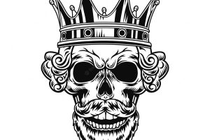 Skull of king vector illustration. head of character with beard, royal hairdo and crown