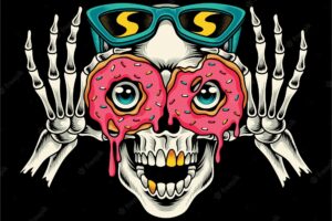 Skull peeking through the hole in the donut for tshirts stickers and other similar products