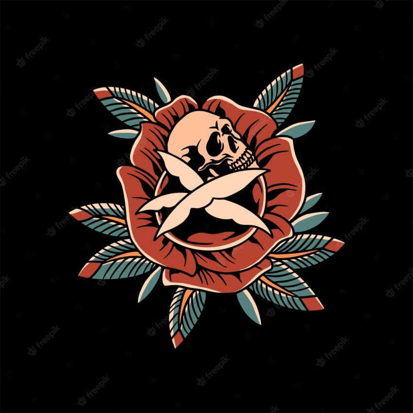 Skull and rose tattoo vector design