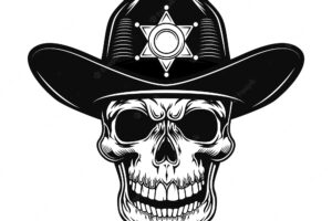 Skull of sheriff vector illustration. head of police officer in hat with star