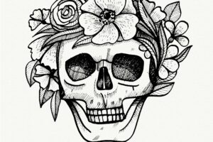 Skull with flowers in hand drawn style