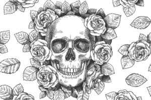 Skull with flowers. sketch skulls with roses gothic artwork, repeat graphic print wallpaper, textile texture seamless vector pattern. foliage and plants with scary face, frightening dead head