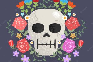 Skull with hand drawn flowers