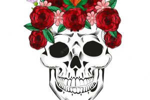 Skull with hand drawn roses