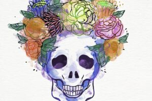 Skull with watercolor flower decoration