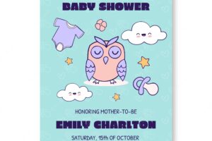 Sleeping owl hand drawn baby shower invitation