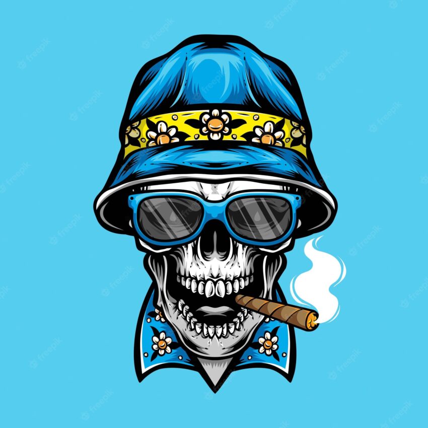 Smoking skull wearing bucket hat