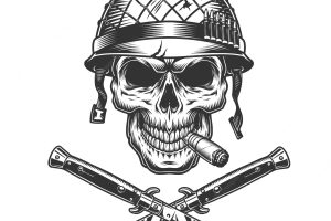 Soldier skull smoking cigar in helmet