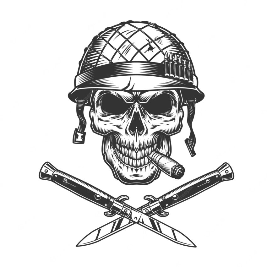 Soldier skull smoking cigar in helmet