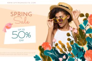 Spring sale banner with photo hand drawn flowers