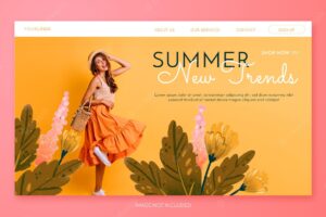 Spring sale landing page with photo hand drawn flowers