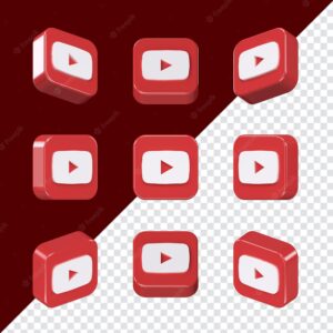 Square 3d youtube icon set in nine different angles isolated