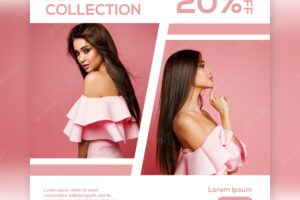 Square banner template, beautiful girl fashion model pink
