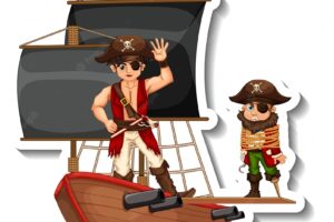 A sticker template with pirates on the ship isolated