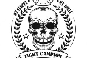 Street fight champion vector illustration. skull of competition winner with award decoration and text