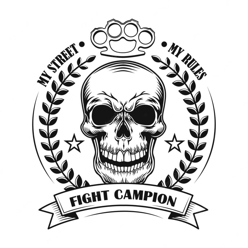Street fight champion vector illustration. skull of competition winner with award decoration and text