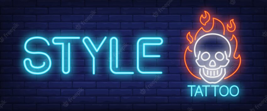 Style neon text with skull on fire