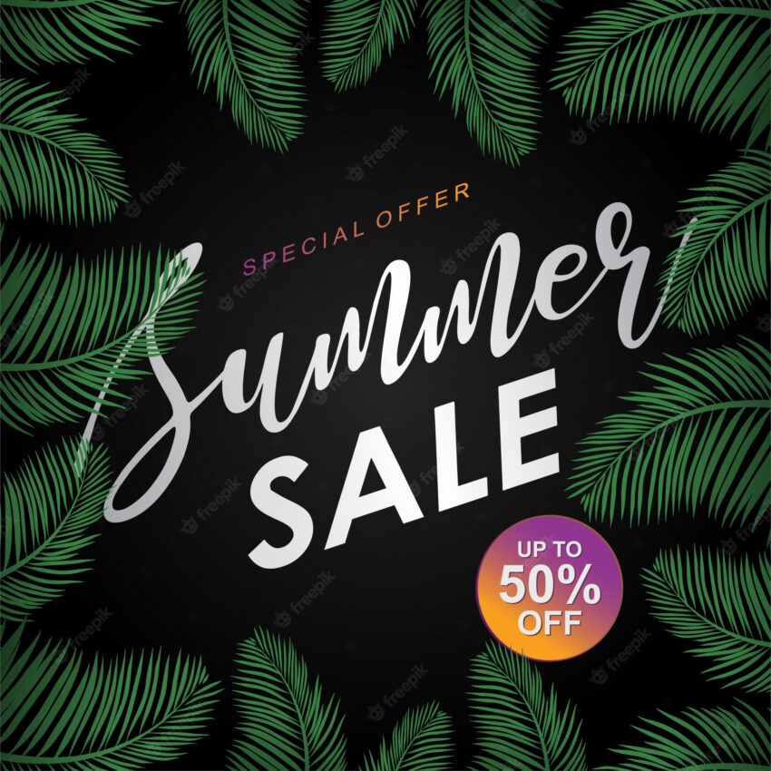 Summer sale banner template with palm leaves