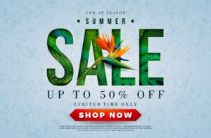 Summer sale design with parrot flower and tropical palm leaves