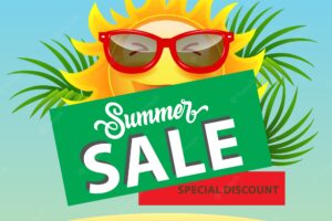 Summer sale, special discount poster with cartoon sun in sunglasses