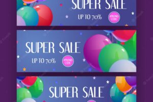 Super sale posters with special offer price reduction vector horizontal banners with discount and promocode flyers with cartoon illustration of colorful balloons and stars