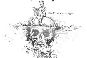 Survival man reading map with underwater skulls pirate design poster vector illustration