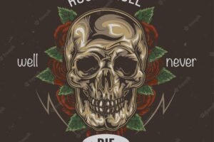 T-shirt or poster design with illustration of skull and flowers on the background