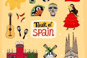 Tour of spain hand-drawn illustration with famous landmarks and cultural traditions