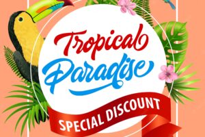 Tropical paradise, special discount flyer with pink blossoms, red ribbon, leaves and tropical