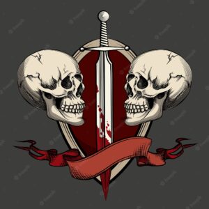 Two skulls with sword and ribbon. template for tattoo and labels.