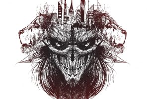Urban city with devil skyline hand drawn sketch vector illustration