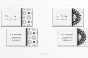 Vector business cards with vintage ornament vector template for print design of business cards in white color with greek luxury ornaments