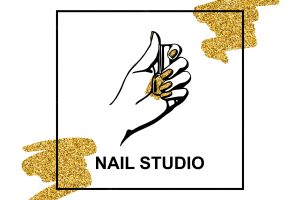 Vector gold emblem with a female hand in a trendy minimalist linear style. logo for a beauty salon or a manicurist. template for packaging hand cream or nail polish, nail, soap, beauty store.