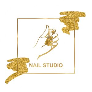 Vector gold emblem with a female hand in a trendy minimalist linear style. logo for a beauty salon or a manicurist. template for packaging hand cream or nail polish, nail, soap, beauty store.