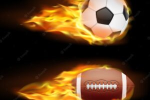 Vector set of sports burning balls, balls for soccer and american football on fire in a realistic style