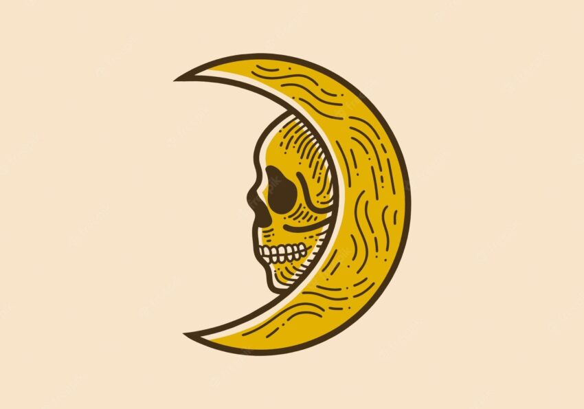 Vintage art illustration of a crescent moon and skull