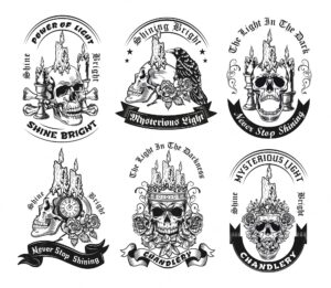 Vintage emblem with candle on skull illustration set