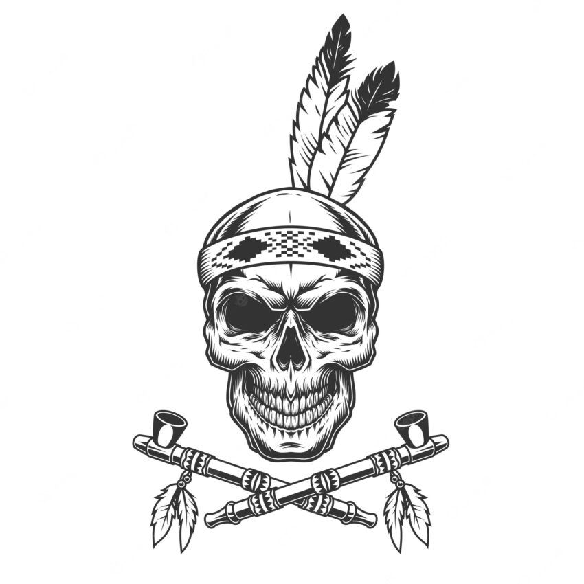 Vintage indian warrior skull with feathers